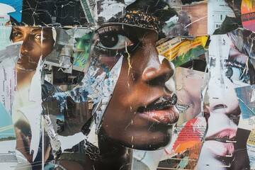 Poster - Diverse artistic collage featuring woman portraits showcasing various expressions and styles in an urban setting filled with color