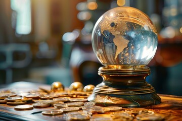 Poster - Money reflected in crystal ball on scattered dollar bills with sparkling light effects in a close-up shot