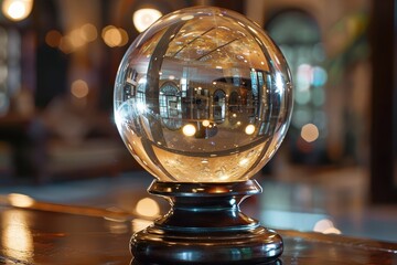 Poster - Money reflected in crystal ball on scattered dollar bills with sparkling light effects in a close-up shot