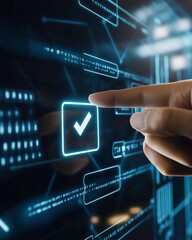 Poster - Close-up of a hand selecting a digital checkmark on a futuristic touchscreen interface.