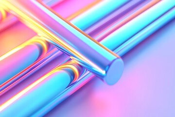 Poster - Close-up of shiny metallic rods reflecting vibrant neon colors.
