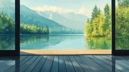 Wall Mural -   A painting depicting a mountain lake seen from a room with views of both mountains and water