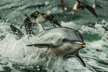 Aufkleber - Captivating dolphins leap through ocean waves as seabirds fly above in a dynamic marine environment