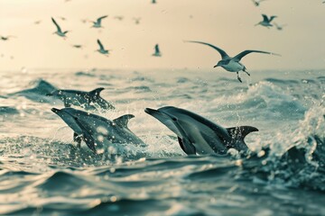 Aufkleber - Captivating dolphins leap through ocean waves as seabirds fly above in a dynamic marine environment
