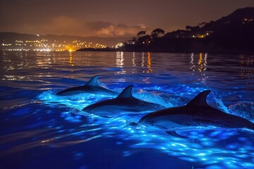 Poster - Dolphins swim gracefully through bioluminescent water under a starry night sky in a coastal region