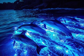 Poster - Dolphins swim gracefully through bioluminescent water under a starry night sky in a coastal region