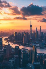 Wall Mural - Sunset cityscape, skyscrapers, river, dramatic clouds.