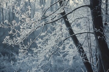 Poster - Frost-covered branches on a cold winter morning create a serene atmosphere in a tranquil forest landscape