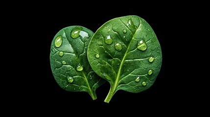 Wall Mural -   Two green leafy plants with water droplets on black background