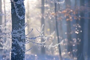 Poster - Frost-covered branches on a cold winter morning create a serene atmosphere in a tranquil forest landscape