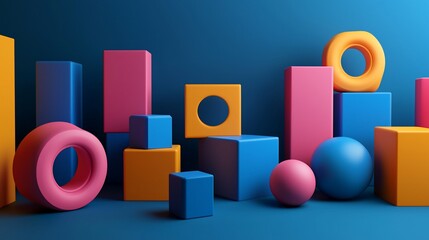 Poster - Abstract 3D geometric shapes, colorful blocks, cylinders, and spheres on blue background.