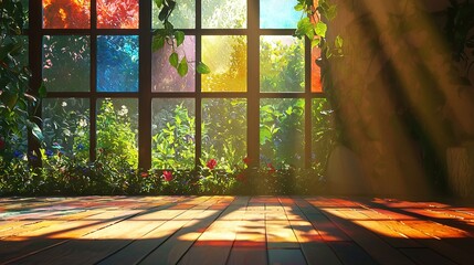 Canvas Print -   Wooden floor under sun-lit window with sill plants