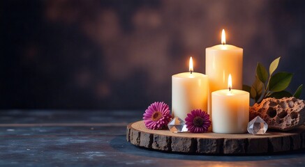 Wall Mural - Embracing tranquility through candlelight and natural elements for holistic meditation and energy healing