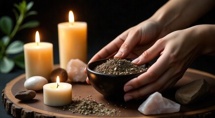 Wall Mural - Hands gently holding a bowl of earth surrounded by candles and crystals in a serene and mystical setting for meditation and healing