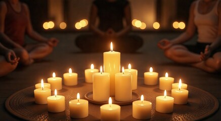 Wall Mural - Meditation and energy healing ritual surrounded by candlelight for spiritual awakening and inner peace