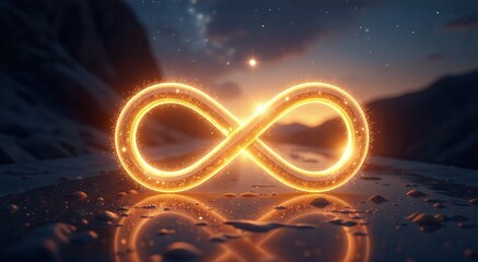 Wall Mural - Ethereal infinity symbol radiant at sunrise, capturing the essence of meditation and spiritual connection in a tranquil cosmic landscape