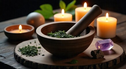 Wall Mural - Crafting healing potions with herbs and crystals in a serene, candlelit space for spiritual wellness and inner peace