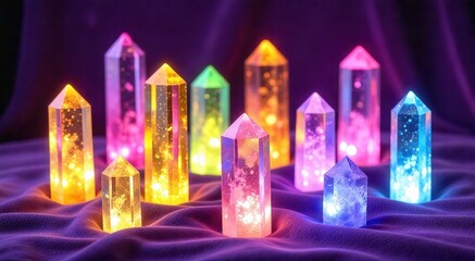 Wall Mural - Explore the vibrant energy of crystals illuminating a peaceful space for meditation and self-discovery amidst a backdrop of mystical hues