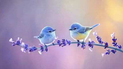 Sticker -   A pair of birds perched on a branch with purple blossoms against a backdrop of lavender and pink