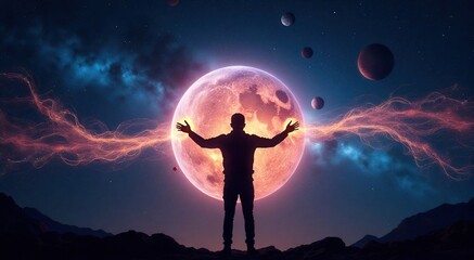 Wall Mural - Unearthing cosmic energy through mindfulness in a celestial landscape during a serene twilight moment