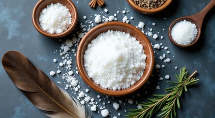 Wall Mural - Exploring the harmony of natural elements through crystals, herbs, and salts in a tranquil ritual for holistic wellness and inner peace