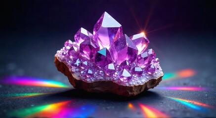 Wall Mural - Glowing amethyst crystal cluster radiates ethereal light in a tranquil space for meditation and energy healing practices