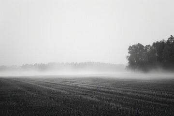 Aufkleber - Misty morning landscape with sunlight illuminating a foggy field and trees in the background at dawn