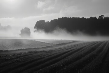 Aufkleber - Misty morning landscape with sunlight illuminating a foggy field and trees in the background at dawn