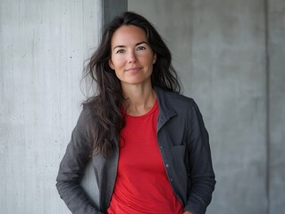 Wall Mural - Woman in grey jacket and red shirt with plane and calendar motifs