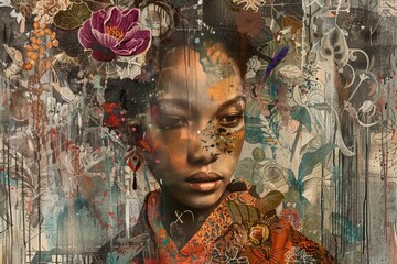 Poster - Stunning portrait showcasing a woman adorned with vibrant floral patterns and textures, blending contemporary art and traditional elements in a unique cultural expression