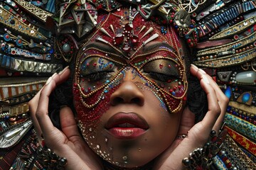 Poster - Stunning portrait showcasing a woman adorned with vibrant floral patterns and textures, blending contemporary art and traditional elements in a unique cultural expression