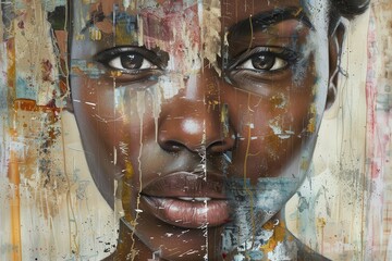 Poster - Vibrant mural depicting a woman's face with intricate details and colorful paint splashes on a textured wall