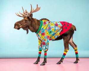 Creative animal concept. moose in funky Wacky wild mismatch colourful outfit on bright background advertisement, copy space. christmas party invite invitation banner