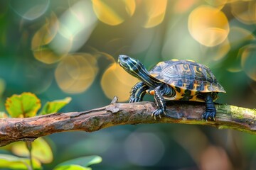 Aufkleber - Colorful turtle perched on a branch in a lush forest with glowing bokeh background captured during early morning light