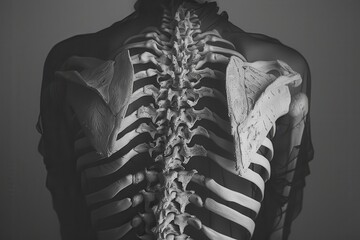 Poster - Artistic representation of a human spine and shoulder blades showcased in monochrome against a dark background