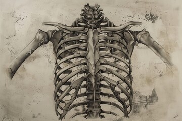 Poster - Detailed skeletal drawing showcasing the human ribcage structure and bone anatomy with an artistic flair in a neutral background, perfect for educational purposes