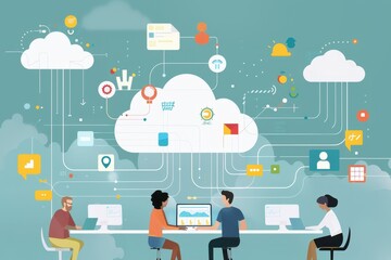 Poster - People collaborating around digital devices to analyze data and cloud computing visuals in a modern workspace