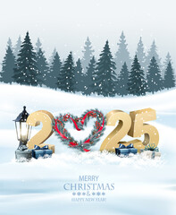 Fototapete - Merry Christmas and Happy New Year Holiday background with gift boxes, Christmas wreath and blue glitter 2024 numbers. Vector.