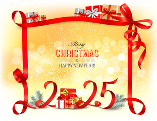 Fototapete - Merry Christmas and Happy New Year background with a 2025 numbers and a red ribbon. Vector.