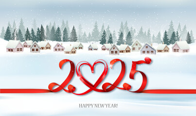 Fototapete - Holiday Christmas and Happy New Year panorama with a winter village and red ribbon with 2025 numbres. Vector.