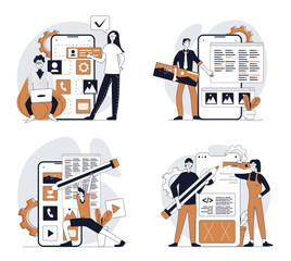 Aufkleber - App development concept set in flat design for web. Collection with people programming wireframe mobile phone layouts with app buttons and elements, testing and coding templates. Vector illustrations.