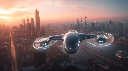 A sleek AI-powered drone flying above a modern cityscape at sunset.