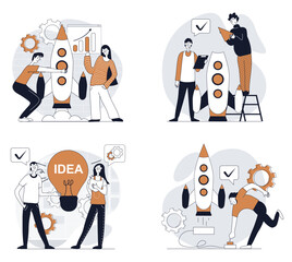Poster - Business startup concept set in flat design for web. Collection with people working in team, brainstorming and planning process, launching new project, attracting investments. Vector illustrations.