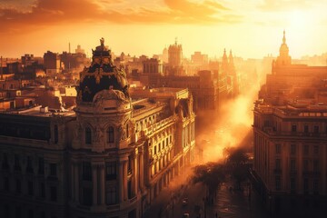 Wall Mural - Sunset cityscape; ornate buildings, hazy streets.