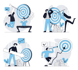 Aufkleber - Business target concept set in flat design for web. Collection with people working in team, planning strategy and mission, hitting bullseye and achieving goals and challenges. Vector illustrations.