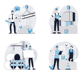 Poster - Construction engineer concept set in flat design for web. Collection with people working at building site, making brickwork and house construct, looking at architect blueprints. Vector illustrations.