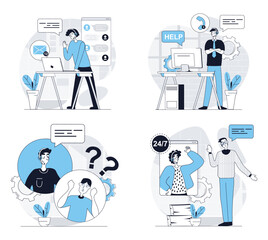 Aufkleber - Customer service concept set in flat design for web. Collection with people answering clients calling, chatting online and helping, consulting online, solving technical problems. Vector illustrations.