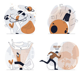 Poster - Cyberspace concept set in flat design for web. Collection with people in VR headsets interacting with virtual reality, playing games with cyber space and hologram simulation. Vector illustrations.