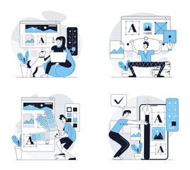 Aufkleber - Designer studio concept set in flat design for web. Collection with people creating graphic elements, drawing digital images, selecting colours for site layout engineering. Vector illustrations.