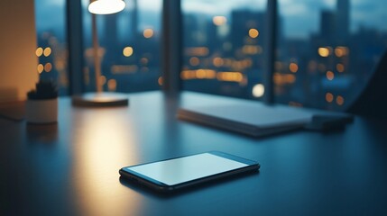 Poster - Smartphone on desk at night, city view.